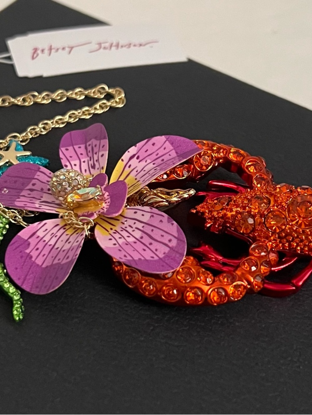 Betsey Johnson Purple, Pink & Orange Lobster Flower Pendant Necklace - Picture 13 of 16